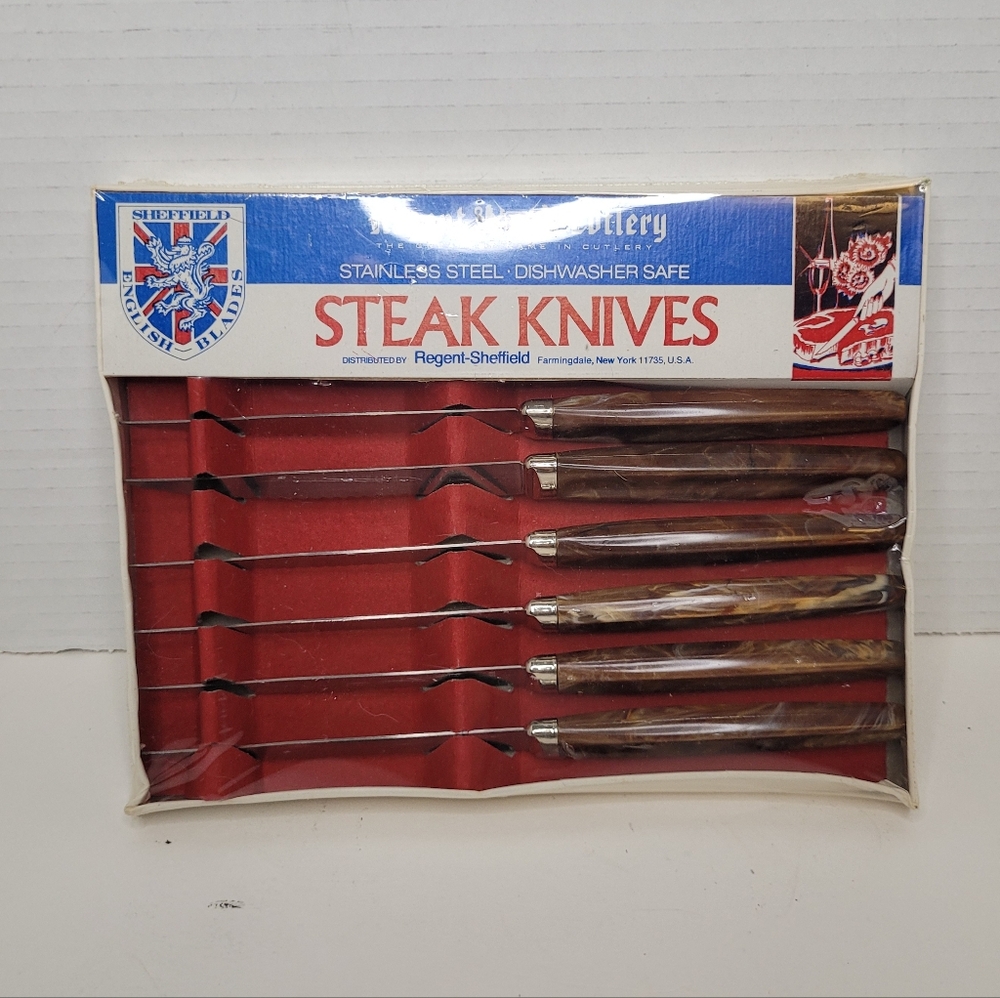 VINTAGE CUTLERY REGENT SHEFFIELD ENGLAND  STAINLESS STEAK KNIFE SET IN BOX NOS